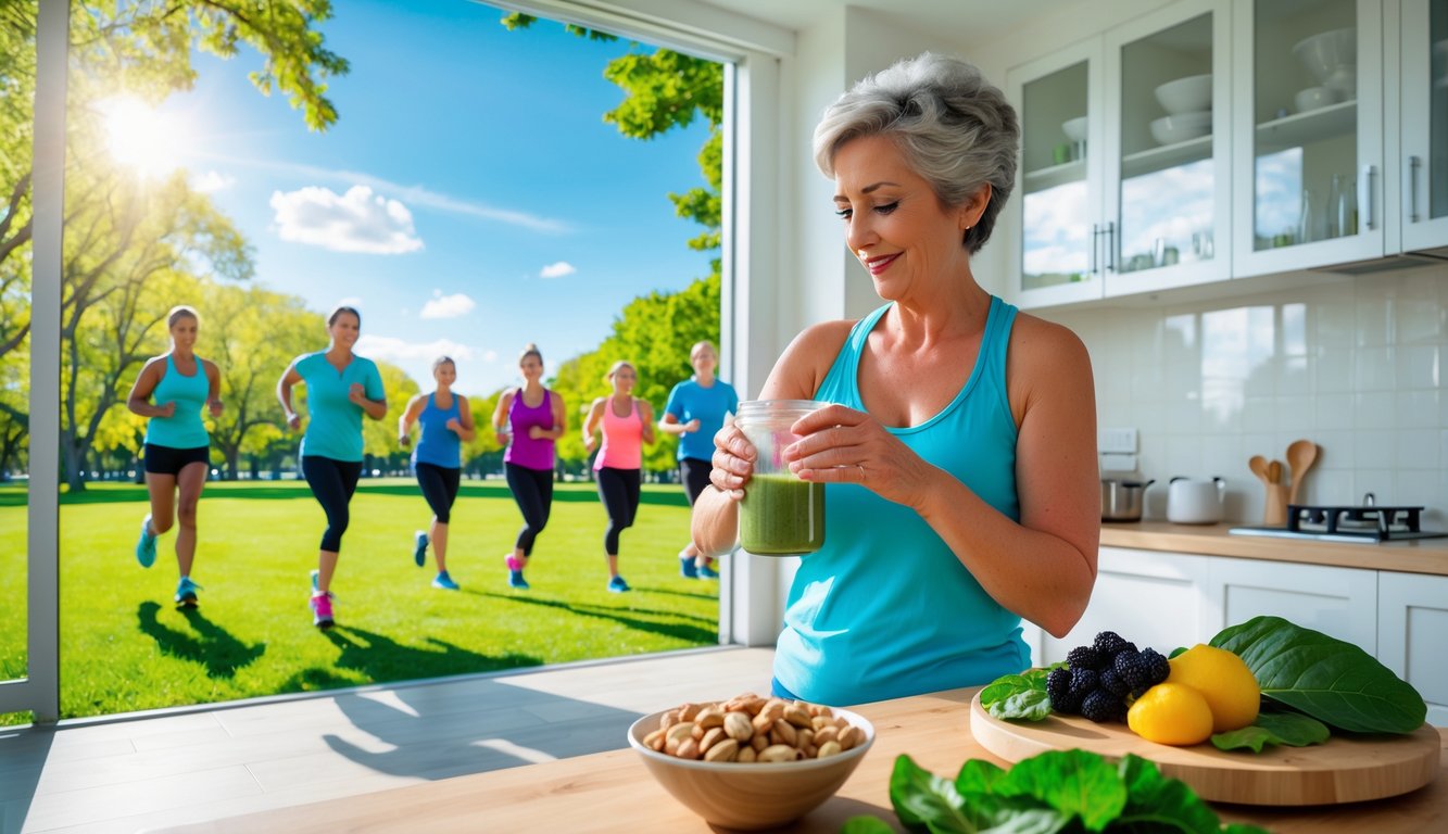 Orang-orang beraktivitas di taman dan seorang wanita menyiapkan smoothie sehat di dapur dengan buah dan sayuran segar.