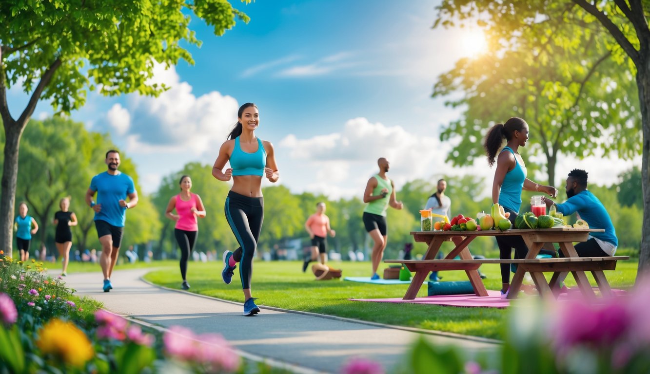 Orang-orang beraktivitas di taman cerah, berolahraga, yoga, dan menyiapkan smoothie buah segar untuk gaya hidup sehat menjaga kesehatan jantung.