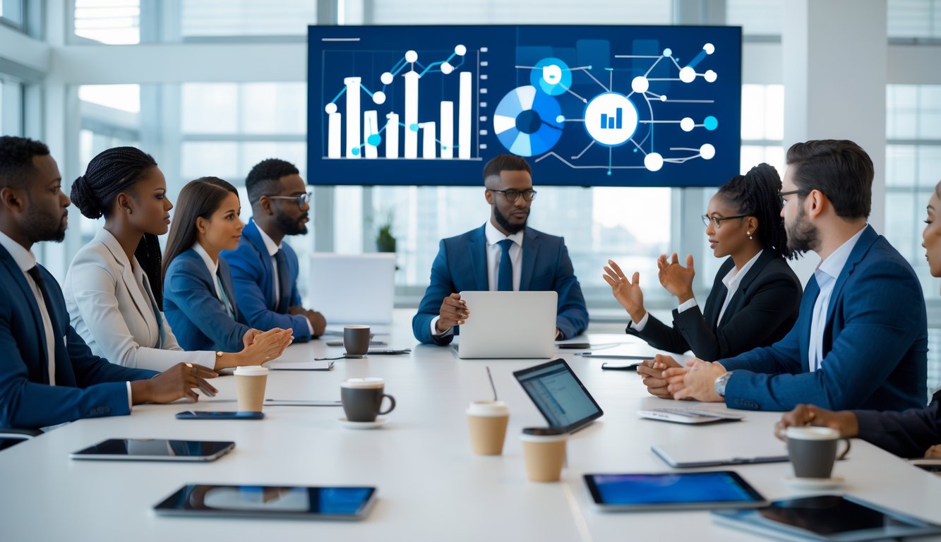 Sekelompok profesional bisnis sedang berdiskusi bersama di ruang rapat modern dengan meja konferensi dan layar digital di latar belakang.