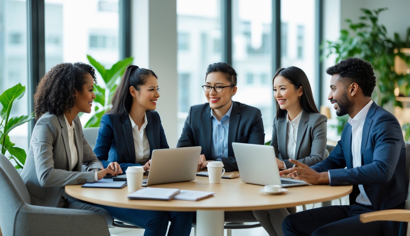 Sekelompok orang dari berbagai latar belakang sedang berdiskusi bersama di kantor dengan suasana kerja yang harmonis.