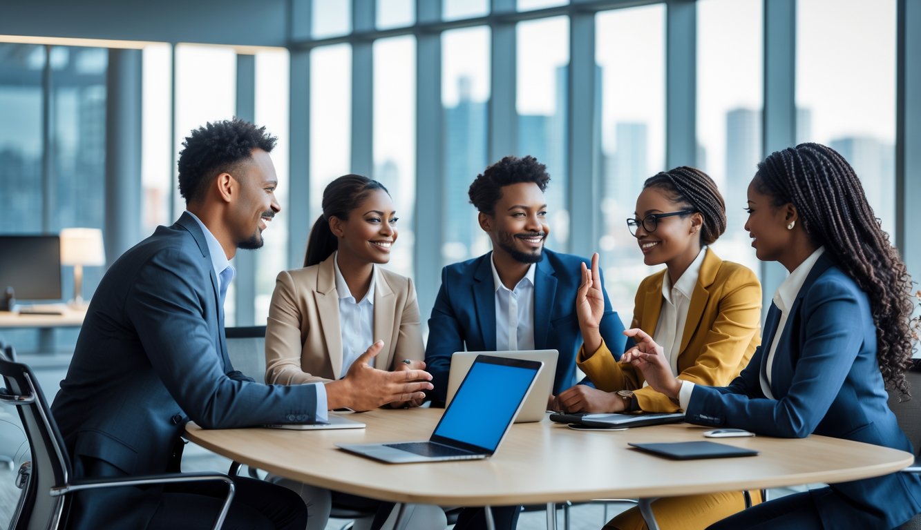 Sekelompok rekan kerja beragam sedang berdiskusi bersama di ruang kantor modern dengan pemandangan kota di latar belakang.