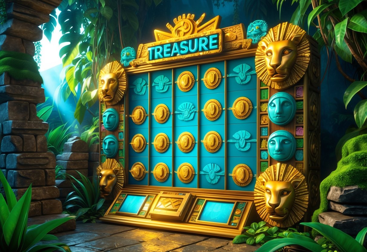 Mesin slot harta karun Aztec dengan pola grid unik dikelilingi oleh tumbuhan tropis dan reruntuhan batu kuno.