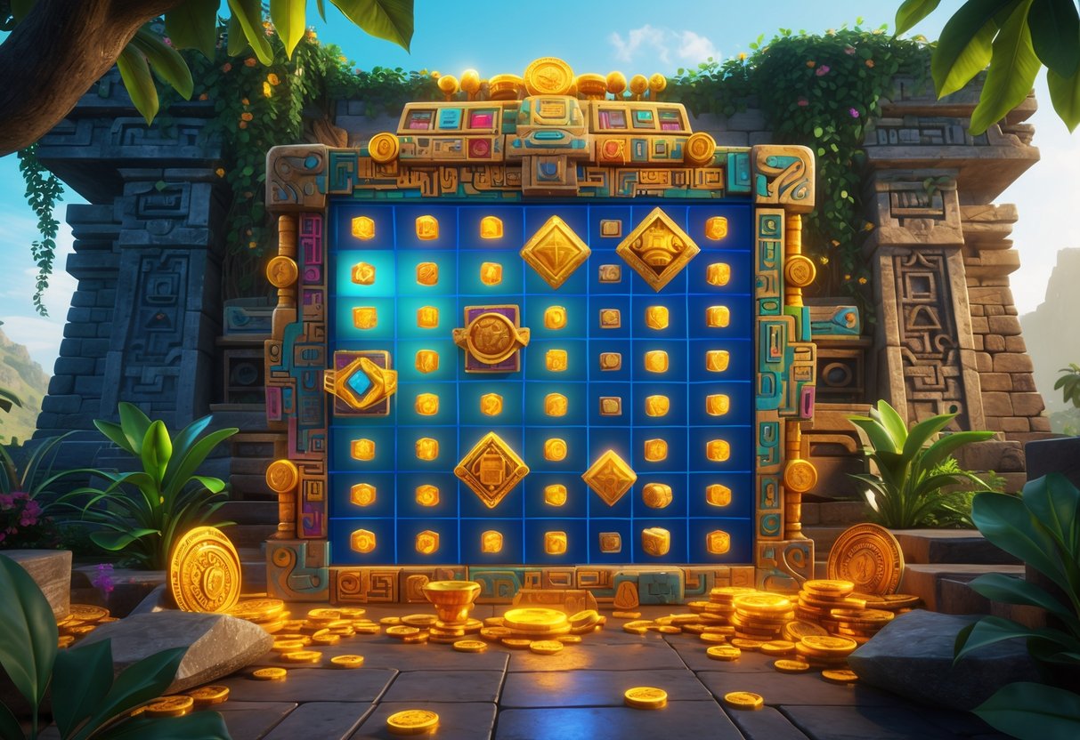 Sebuah mesin slot bertema Aztek dengan kisi unik yang dikelilingi pola Aztek, artefak emas, dan latar belakang kuil di tengah hutan.
