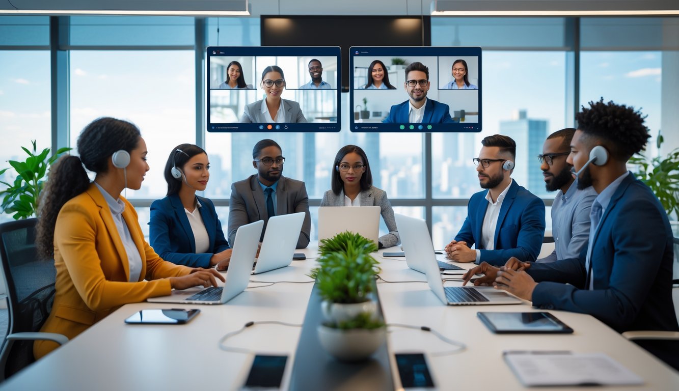 Sekelompok anggota tim yang sedang berdiskusi dan bekerja sama di ruang kantor modern dengan beberapa anggota bergabung melalui panggilan video.