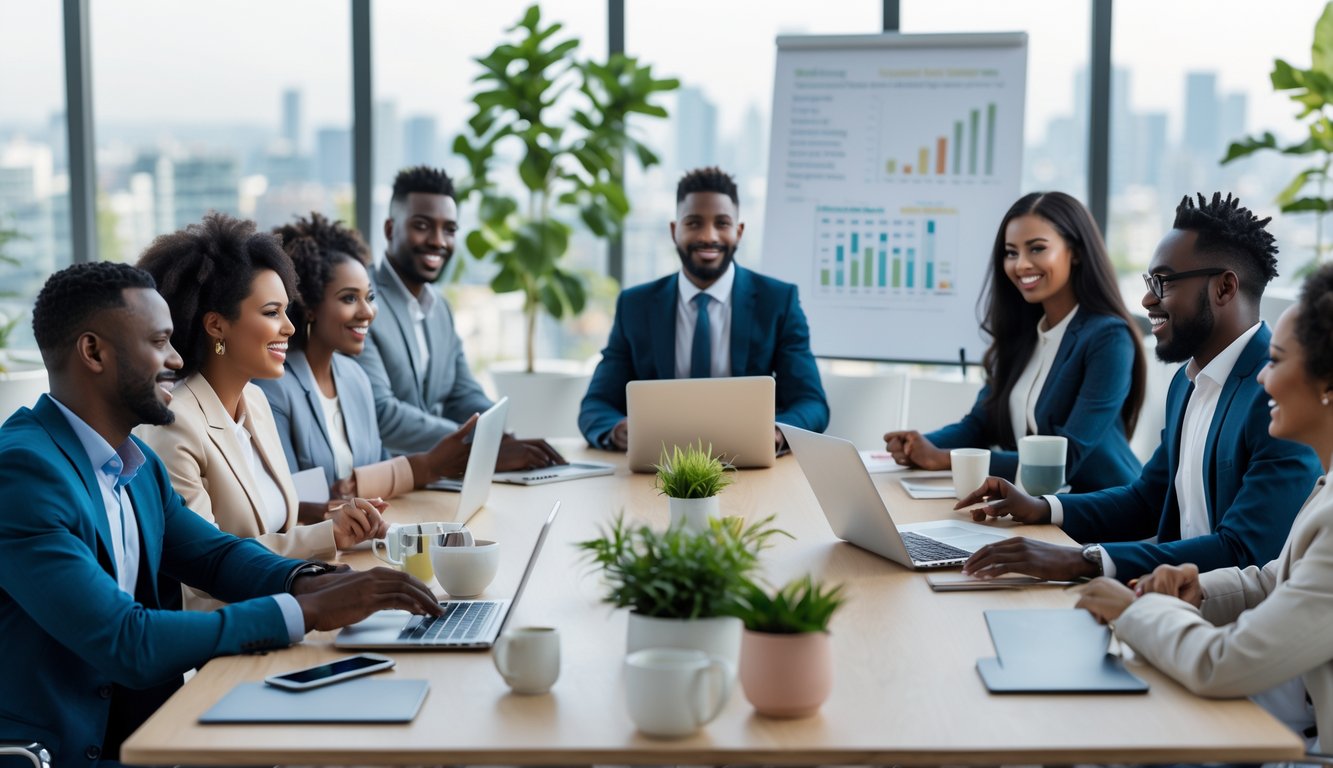 Sekelompok rekan kerja beragam sedang berdiskusi dengan ekspresi ramah di ruang rapat kantor modern.
