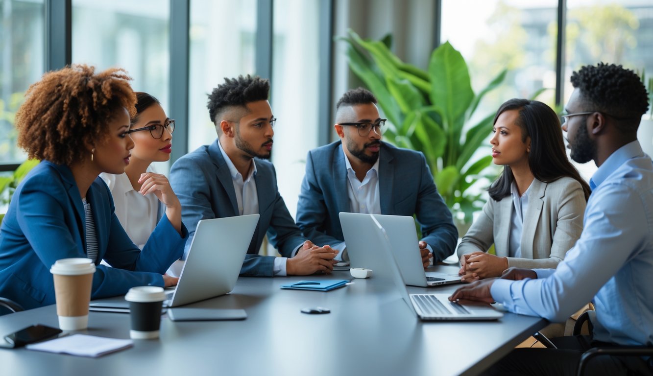 Sekelompok orang bekerja sama dalam rapat di ruang kantor modern, berdiskusi dengan serius dan saling mendengarkan.