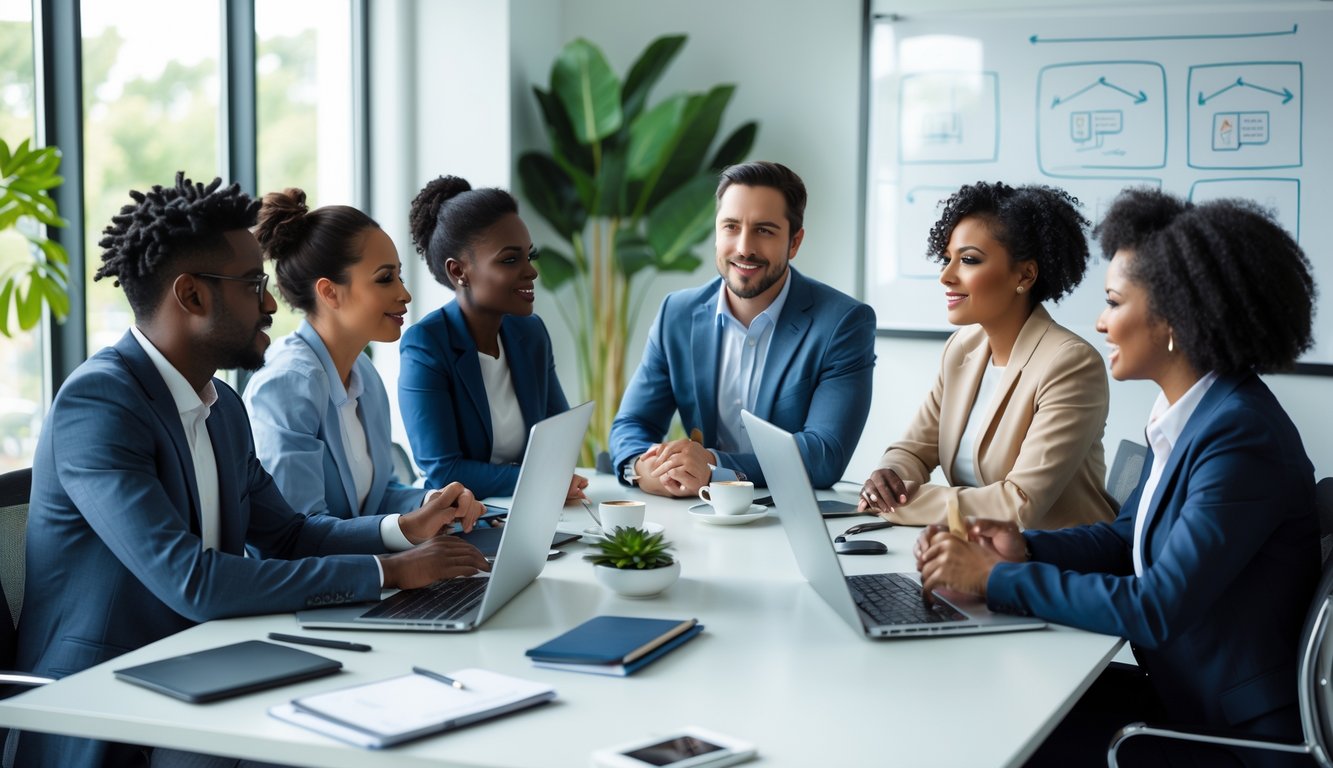 Sekelompok lima rekan kerja beragam sedang berdiskusi serius di ruang kantor modern dengan meja konferensi dan peralatan kerja.