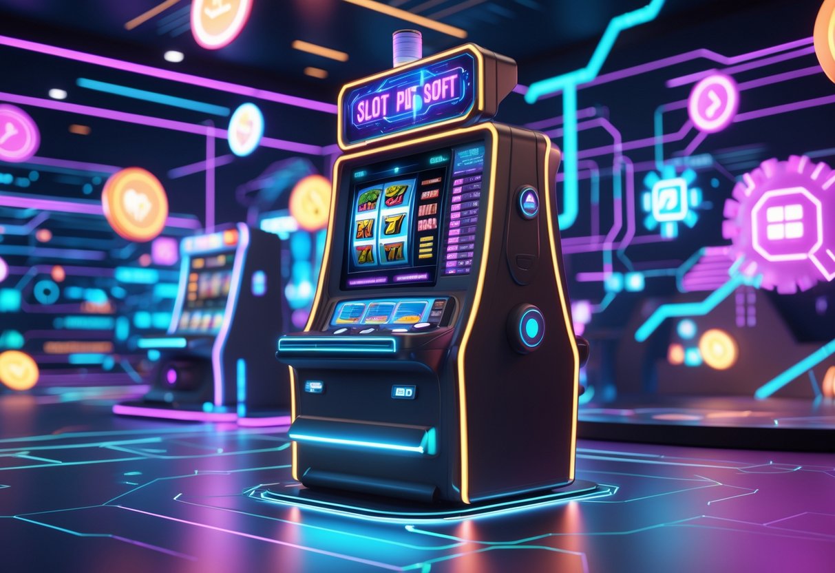 Suasana mesin slot digital futuristik dengan lampu neon dan elemen holografik dalam ruang kasino virtual yang penuh warna dan elemen teknologi.