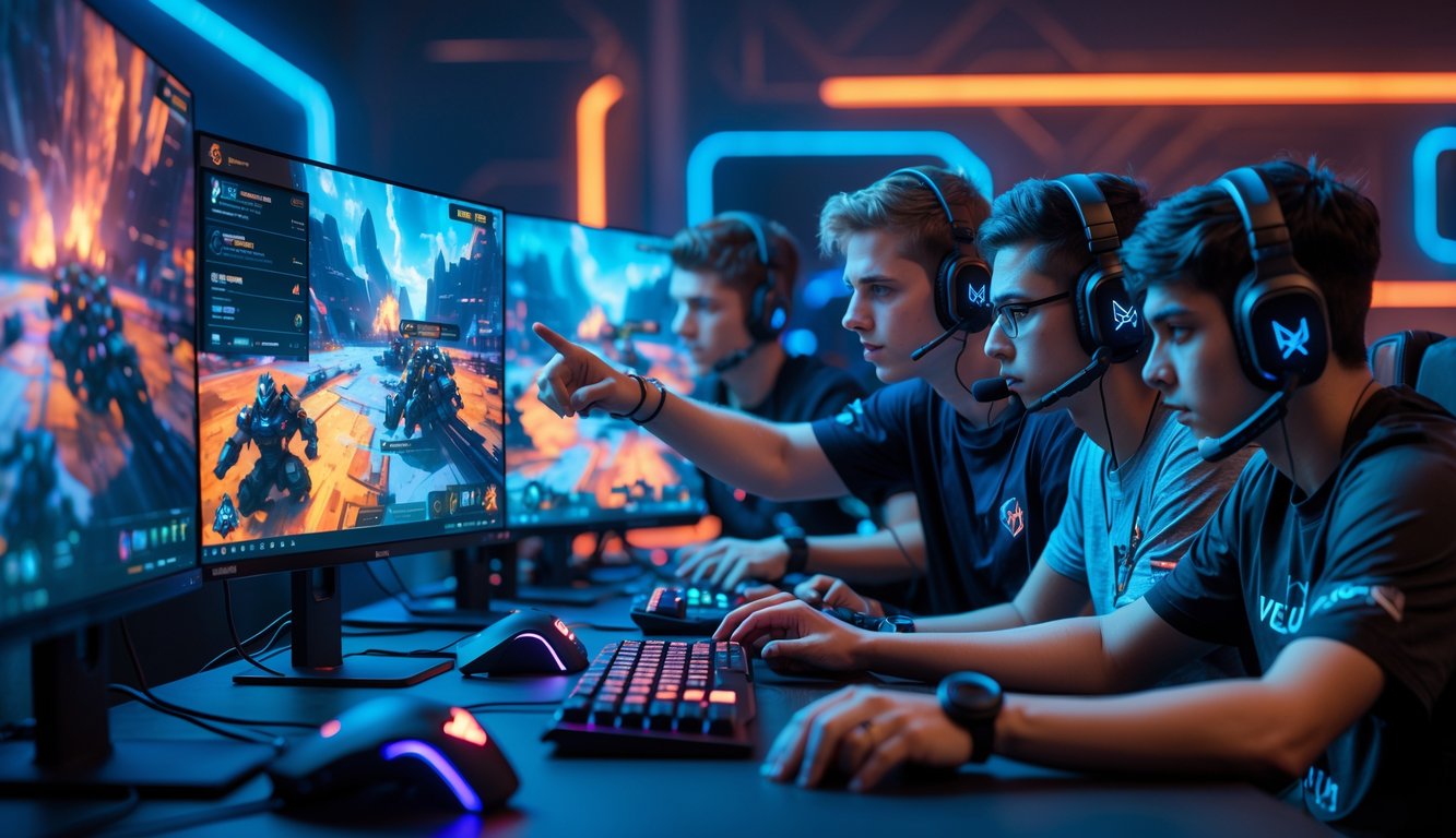 Sekelompok pemain esports sedang berdiskusi dan bermain Valorant di depan beberapa monitor dengan pencahayaan neon di ruang game modern.