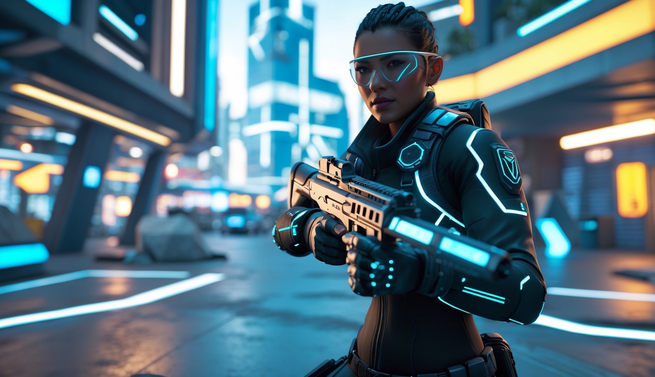 Seorang karakter agen baru dari permainan Valorant berdiri di depan peta baru yang futuristik dengan latar kota modern dan elemen teknologi tinggi.