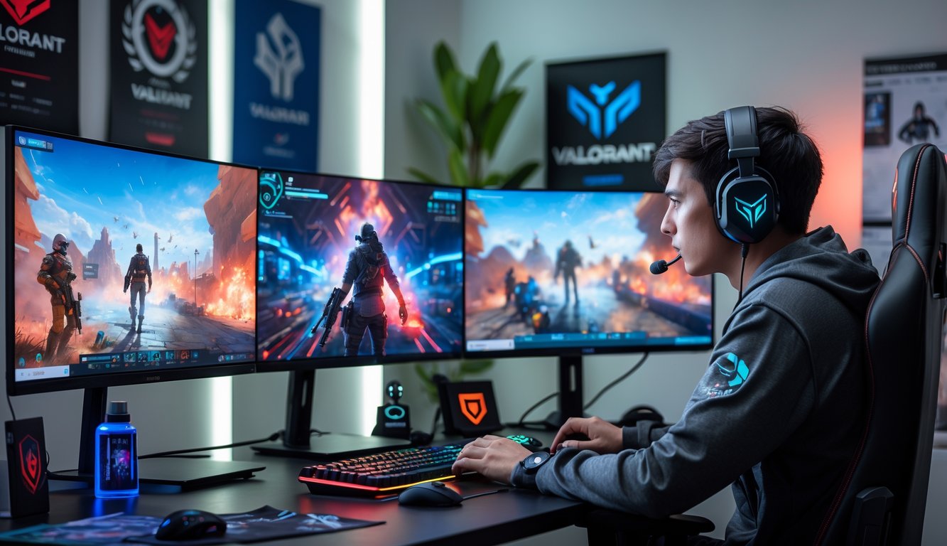 Seorang pemain muda sedang bermain Valorant di depan beberapa monitor dengan pencahayaan RGB di ruangan modern.