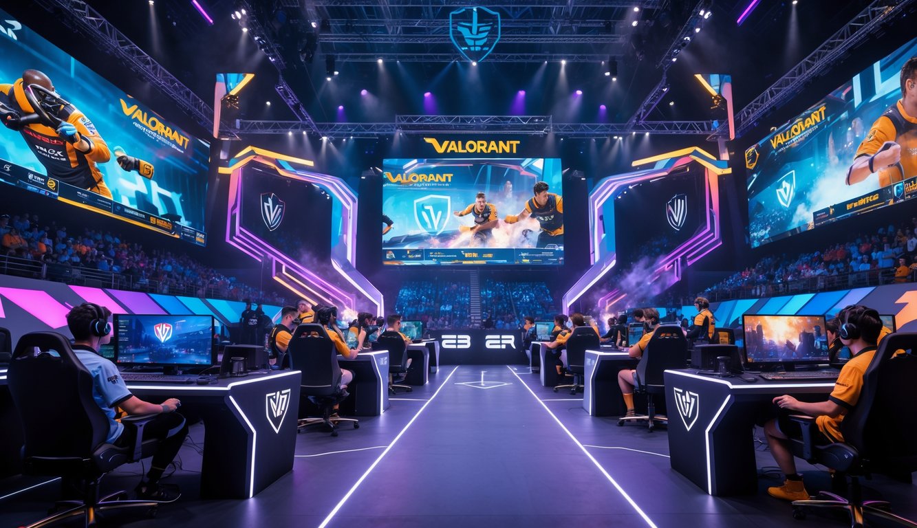 Suasana turnamen esports Valorant dengan pemain yang sedang bertanding di arena besar di depan penonton ramai.