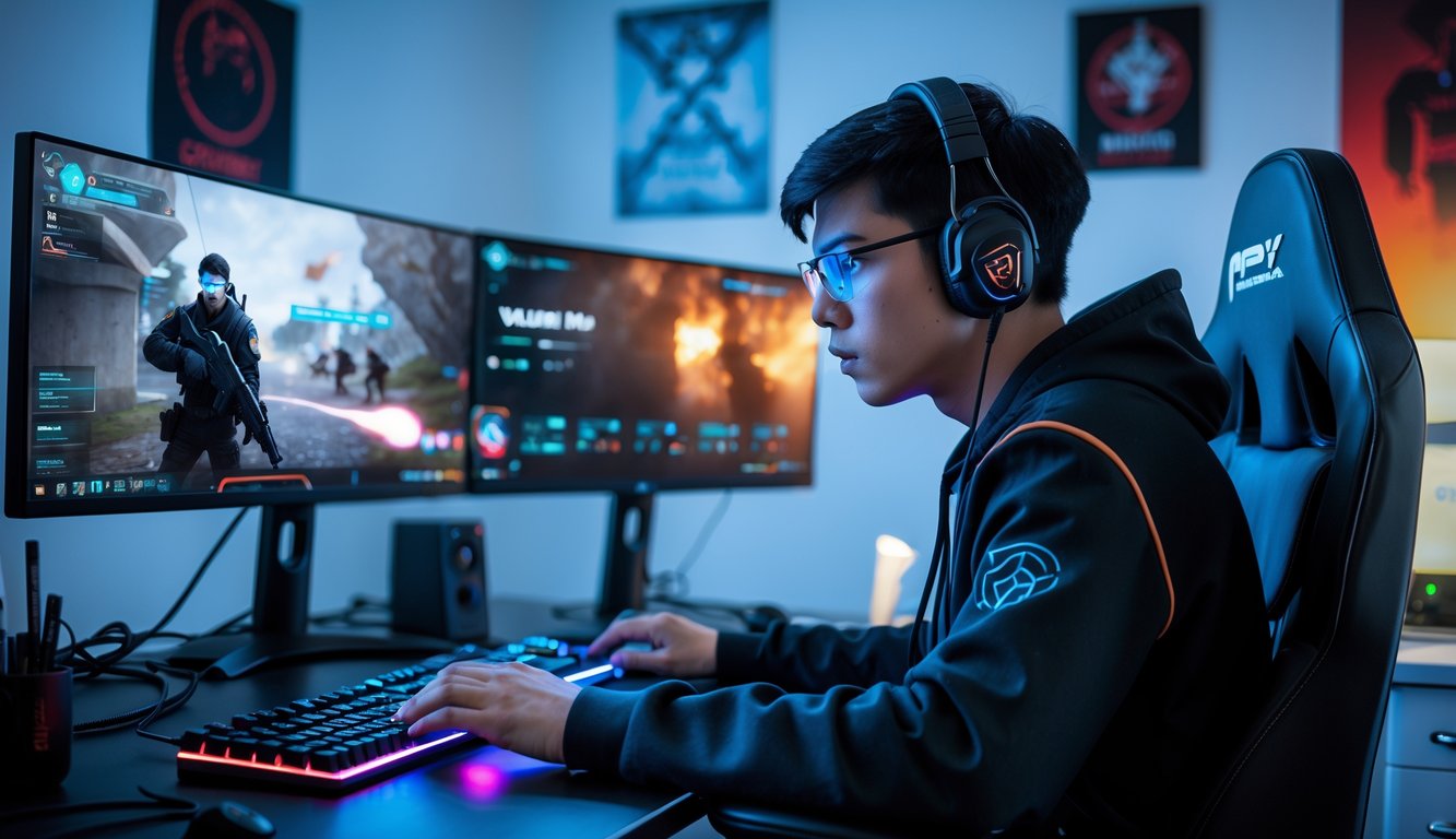 Seorang pemain muda sedang fokus bermain game tembak-menembak di ruang game dengan peralatan modern dan pencahayaan RGB.
