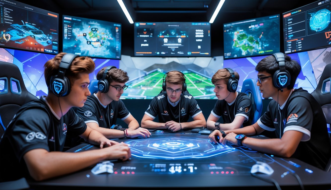 Tim esports yang terdiri dari lima pemain muda sedang berdiskusi dan merencanakan strategi di ruang permainan modern dengan layar besar yang menampilkan permainan Valorant.