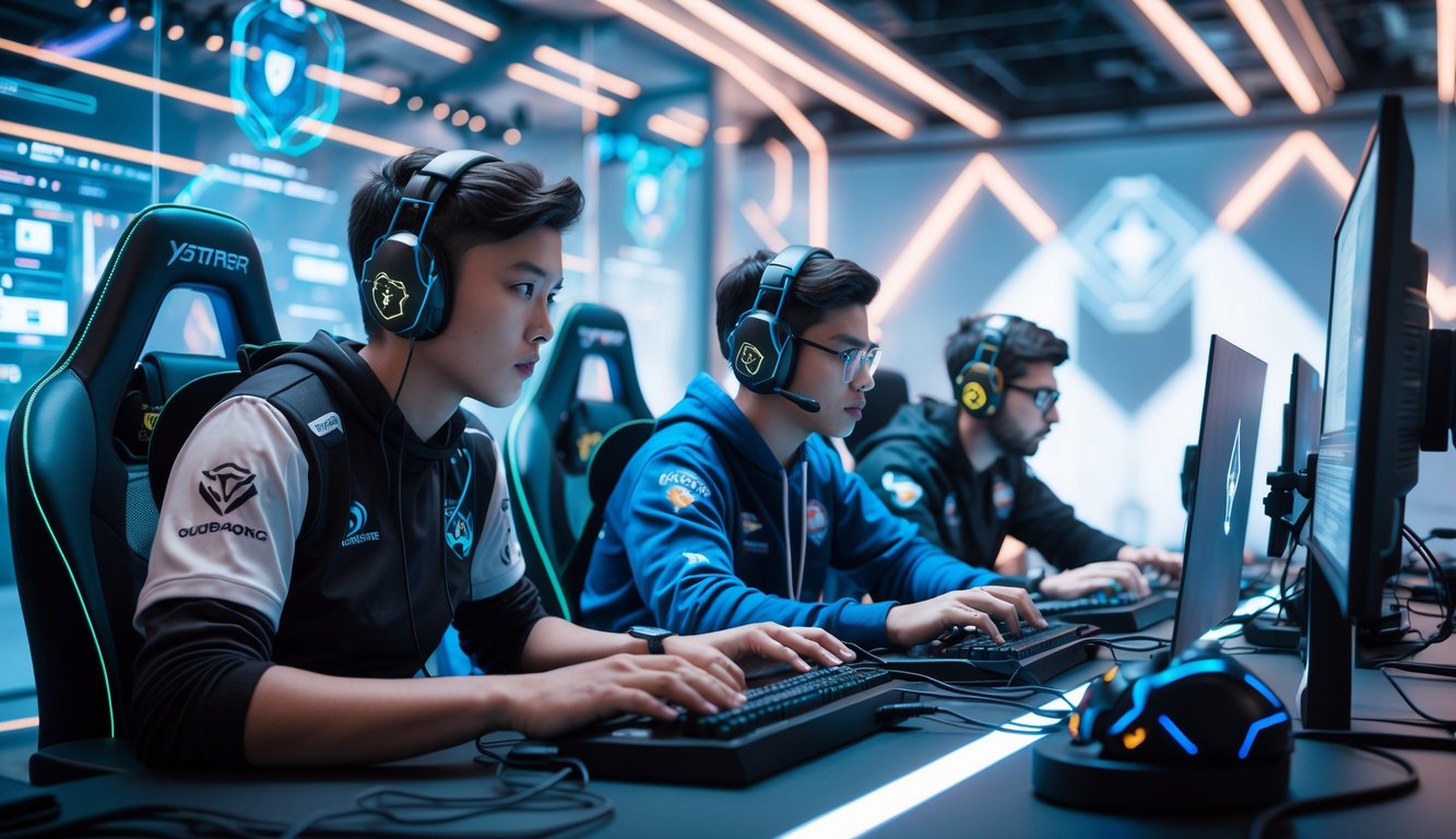 Tim pemain esports sedang bermain game tembak-menembak taktis di arena gaming futuristik dengan peralatan canggih dan layar holografik.