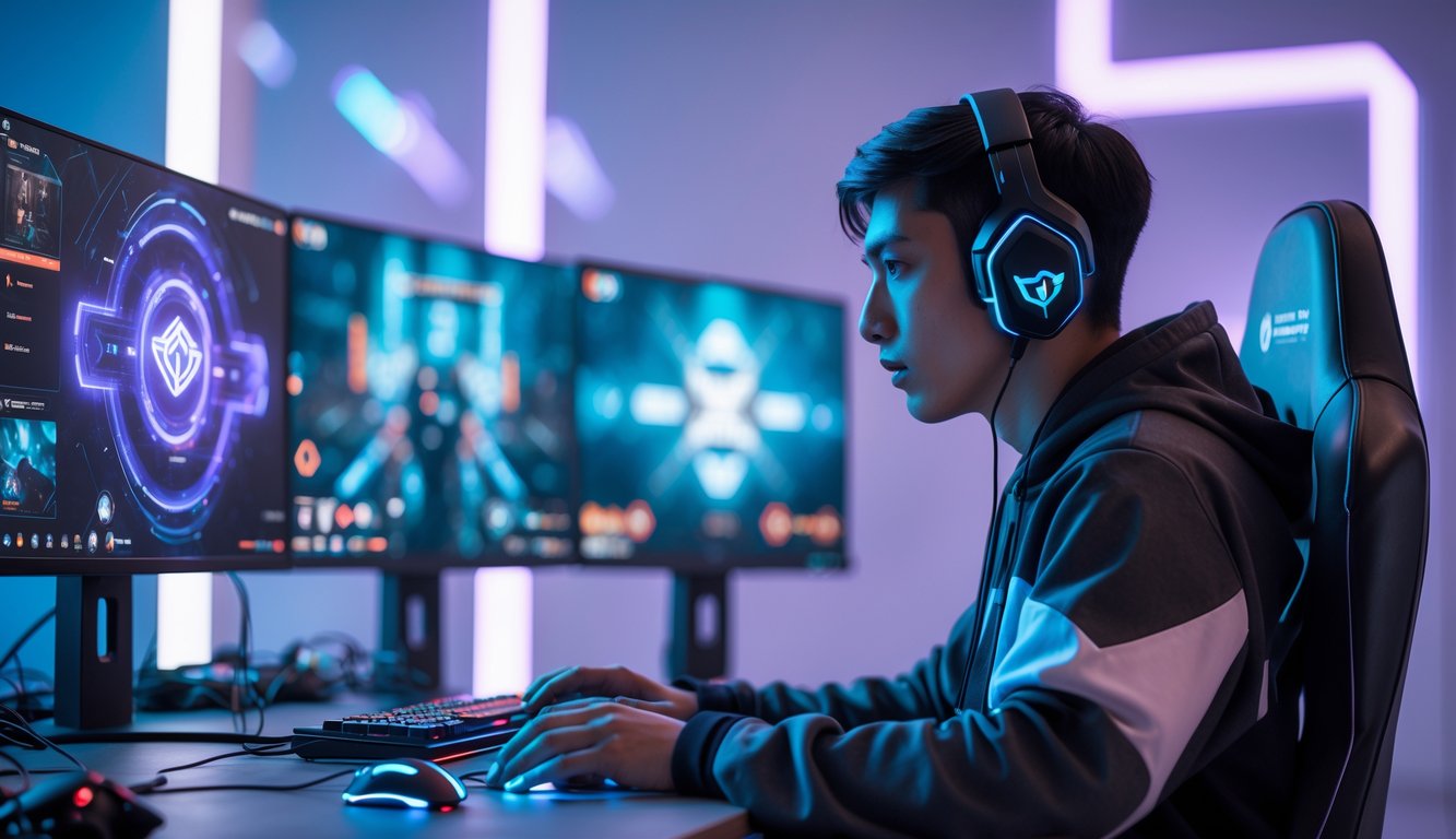 Seorang gamer muda fokus bermain di depan beberapa monitor dengan suasana ruangan berlampu neon biru dan ungu.