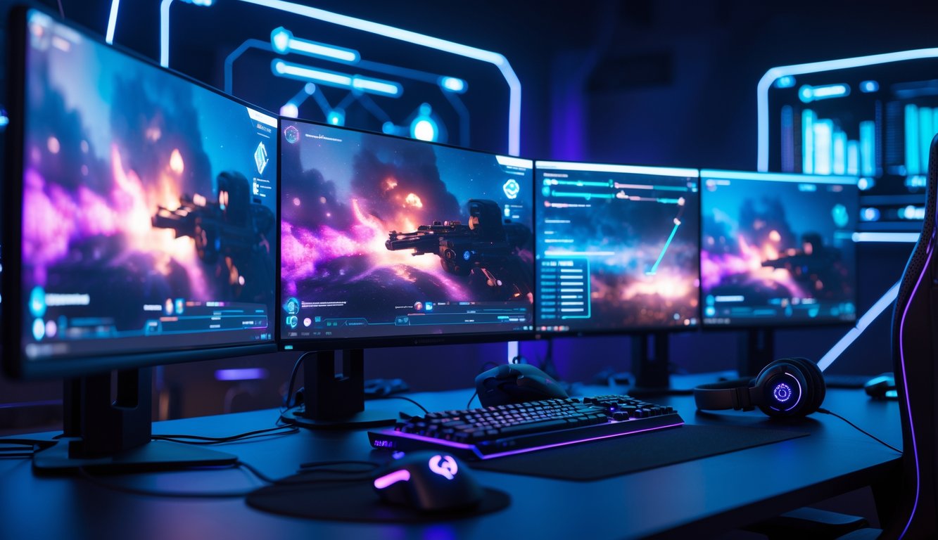 Sebuah meja gaming futuristik dengan monitor menampilkan permainan taktis, dilengkapi dengan keyboard, mouse, dan headset, dikelilingi lampu LED biru dan ungu.