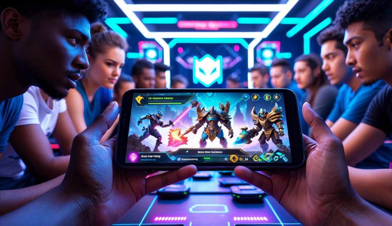 Sekelompok orang muda bermain game di ponsel dengan latar belakang teknologi futuristik dan karakter pahlawan baru yang sedang bertarung di layar.