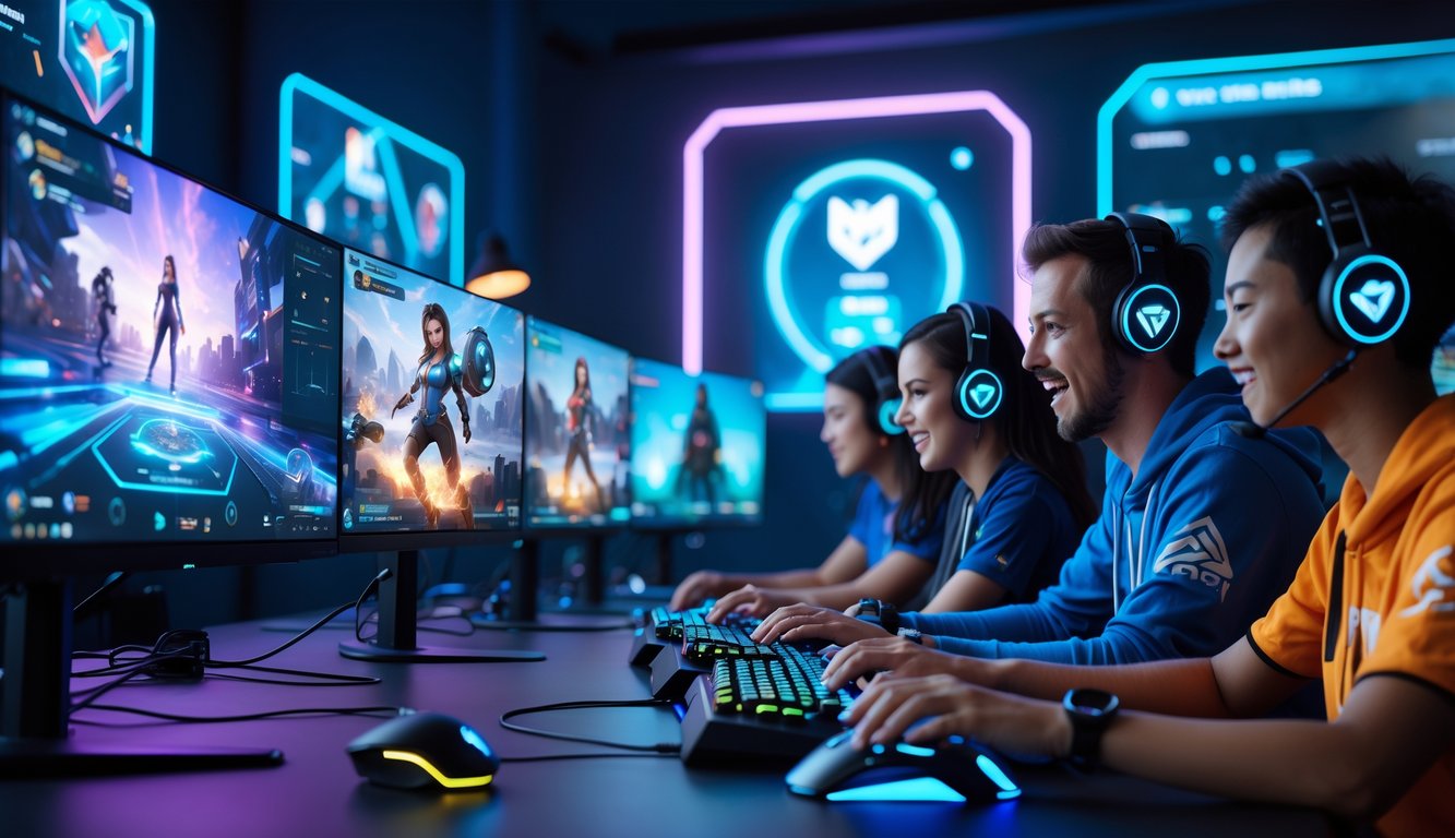 Beberapa pemain sedang bermain Mobile Legends dengan peralatan gaming modern di meja dengan beberapa monitor dan pencahayaan neon.