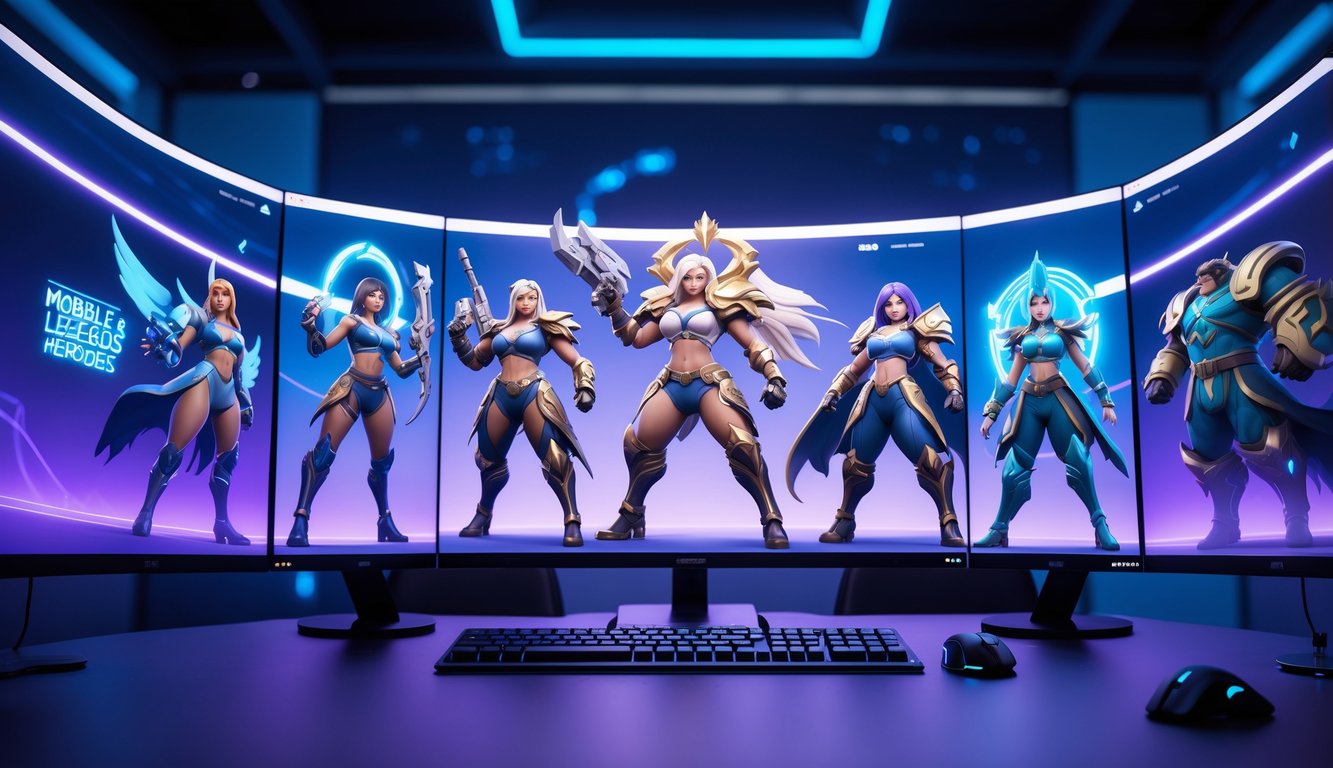 Sebuah ruangan gaming futuristik dengan beberapa pahlawan Mobile Legends kuat tahun 2026 yang tampil dalam pose aksi di layar komputer.