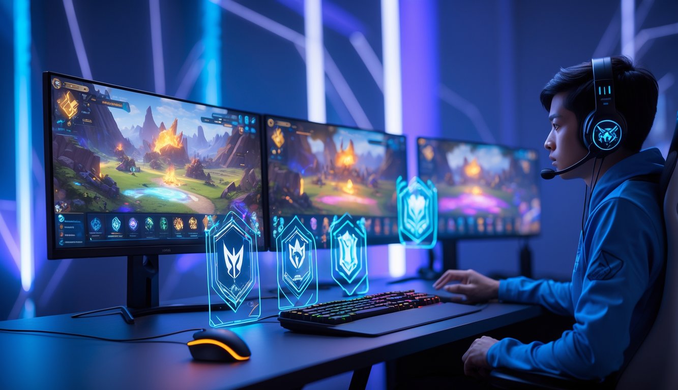 Seorang gamer fokus bermain di depan beberapa monitor dengan proyeksi holografik item dan emblem permainan yang berwarna-warni di meja gaming modern.