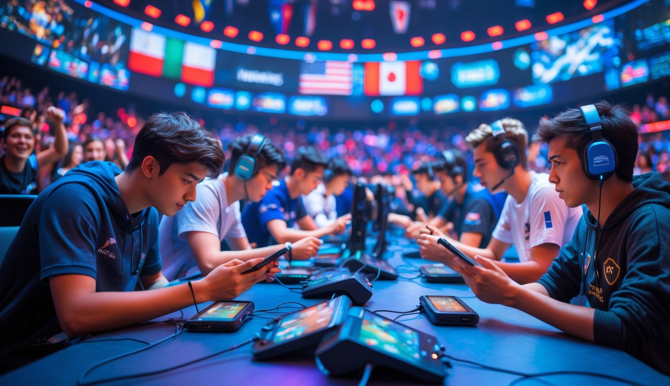 Sekelompok pemain esports Mobile Legends dari berbagai negara sedang bermain di arena kompetisi dengan penonton dan layar besar di latar belakang.