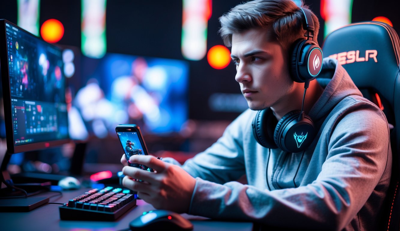 Seorang pria muda sedang bermain game mobile dengan fokus di depan meja gaming modern dengan lampu LED berwarna-warni.