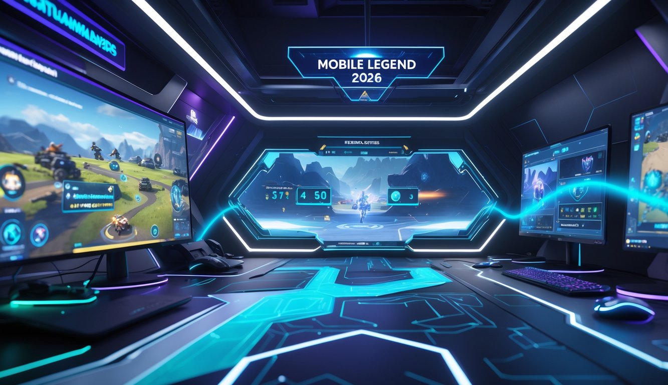 Pemandangan lingkungan permainan futuristik dengan peta digital dan tampilan holografik yang menunjukkan statistik pertandingan.