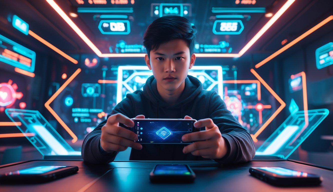 Seorang pemain muda sedang fokus bermain game di ponsel dengan latar belakang suasana gaming futuristik dan pencahayaan neon.