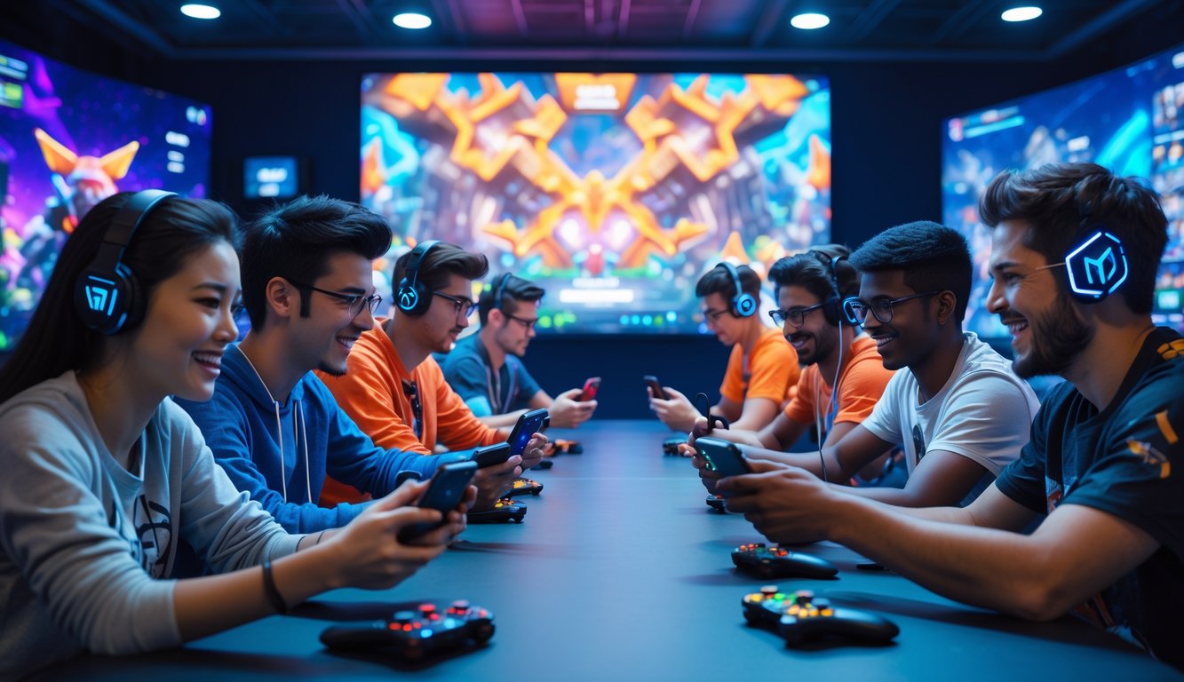 Sekelompok pemain beragam usia dan latar belakang sedang bermain game mobile bersama di sebuah ruangan dengan pencahayaan cerah dan layar besar menampilkan grafik permainan.