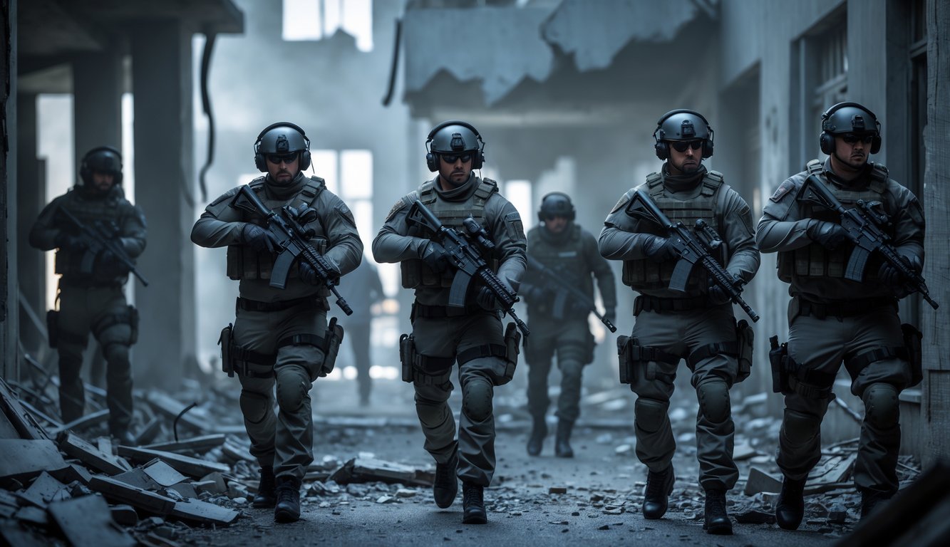 Tim pasukan khusus berpakaian taktis bergerak dengan hati-hati di lingkungan perkotaan yang gelap dan rusak, bersiap menghadapi pertempuran.