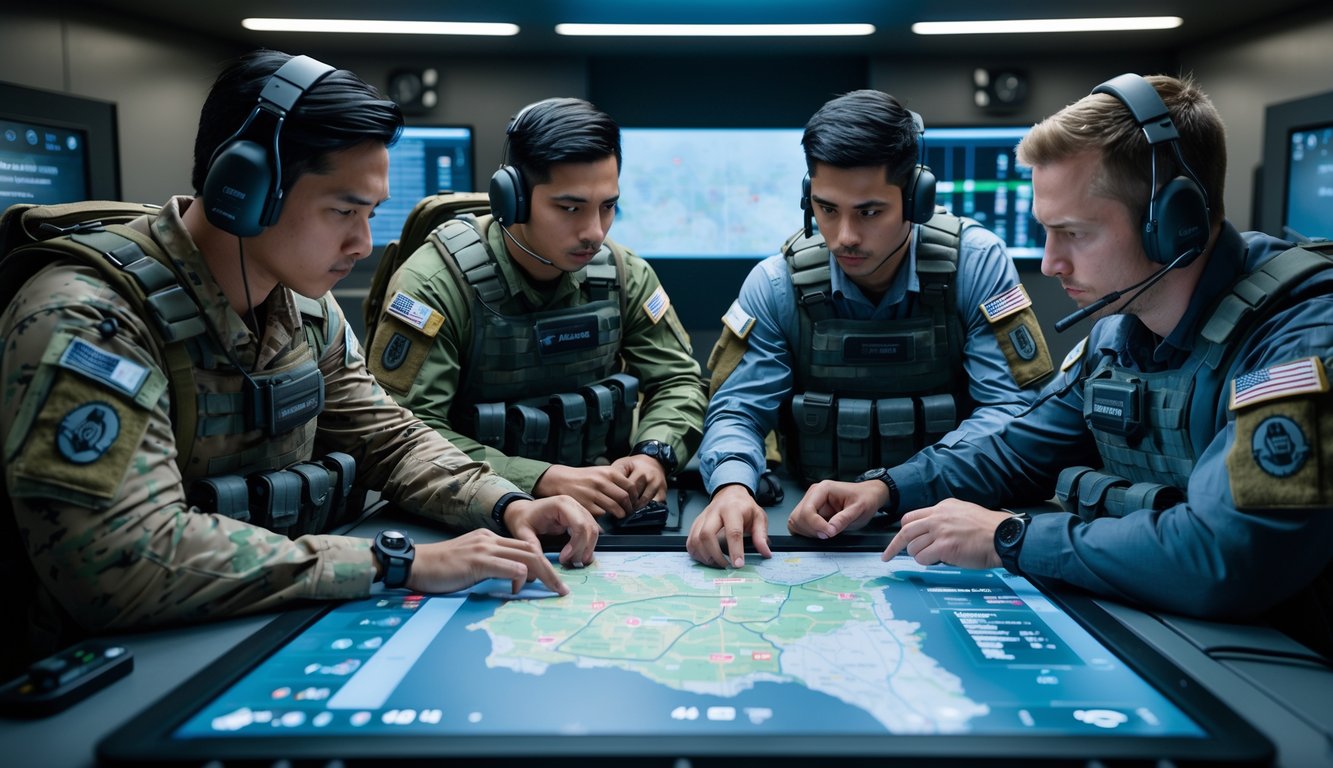 Sekelompok anggota tim taktis sedang merencanakan strategi di sekitar meja digital dengan peta, dalam ruangan komando berteknologi tinggi.
