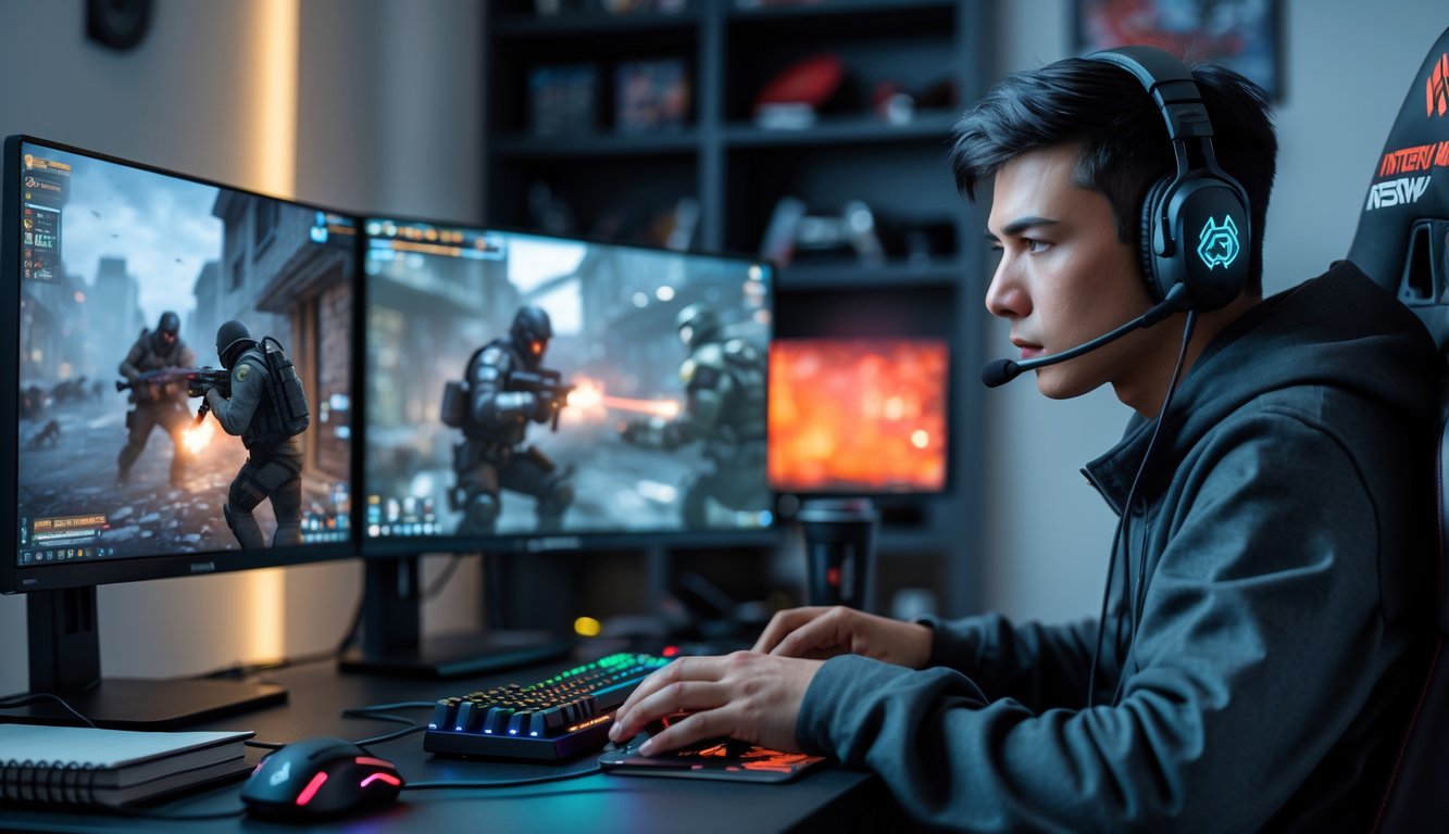 Seorang gamer muda fokus bermain Rainbow Six Siege di depan komputer dengan setup gaming modern dan pencahayaan dalam ruangan.