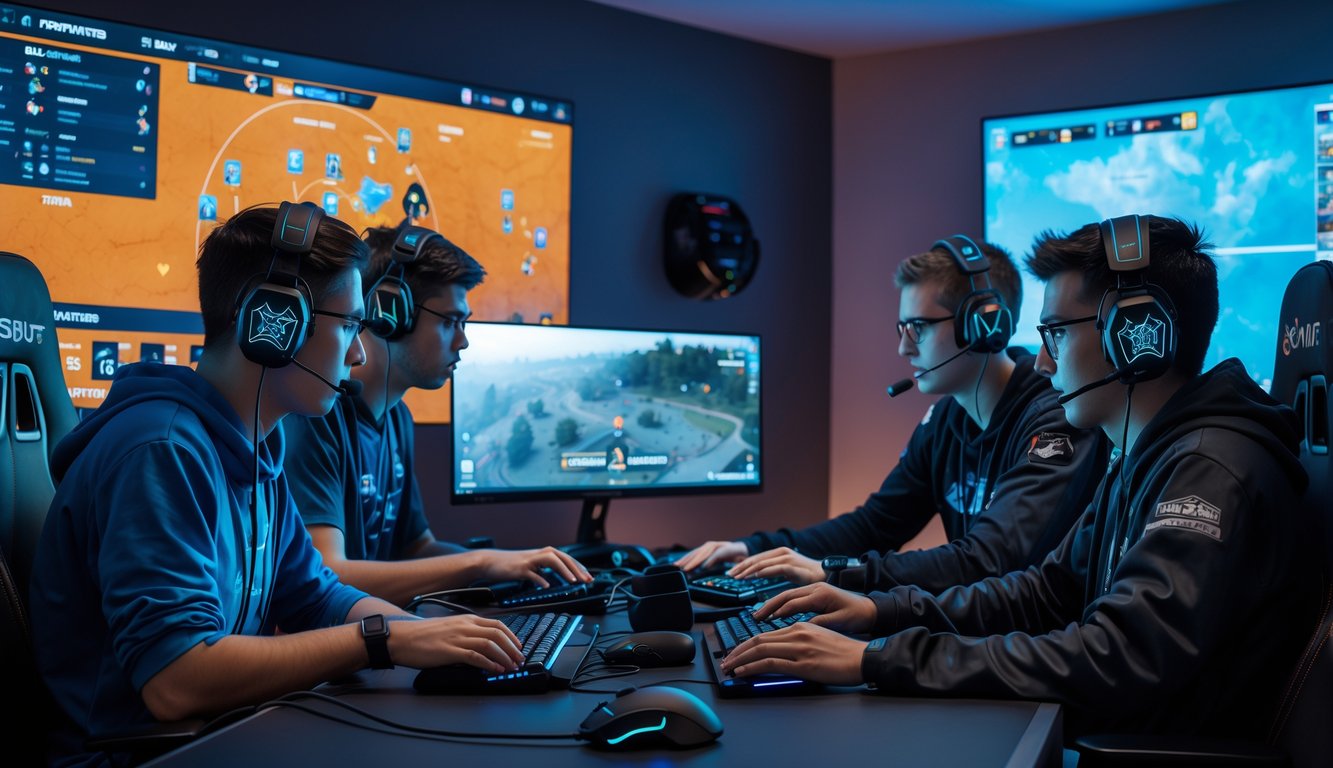 Tim pemain game sedang fokus bermain dan berkoordinasi di ruang gaming dengan layar besar menampilkan peta taktis.