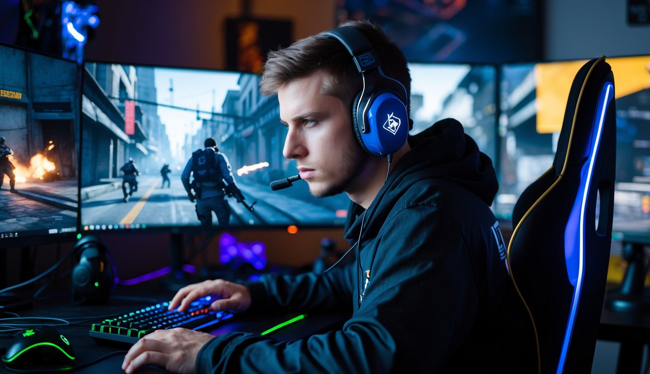 Seorang pemain game sedang fokus bermain game tembak-menembak taktis di depan beberapa monitor dengan suasana ruangan gaming modern.