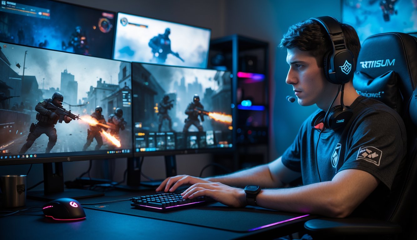 Seorang pemain game fokus bermain Rainbow Six Siege dengan headset di depan beberapa monitor di ruangan dengan pencahayaan RGB.