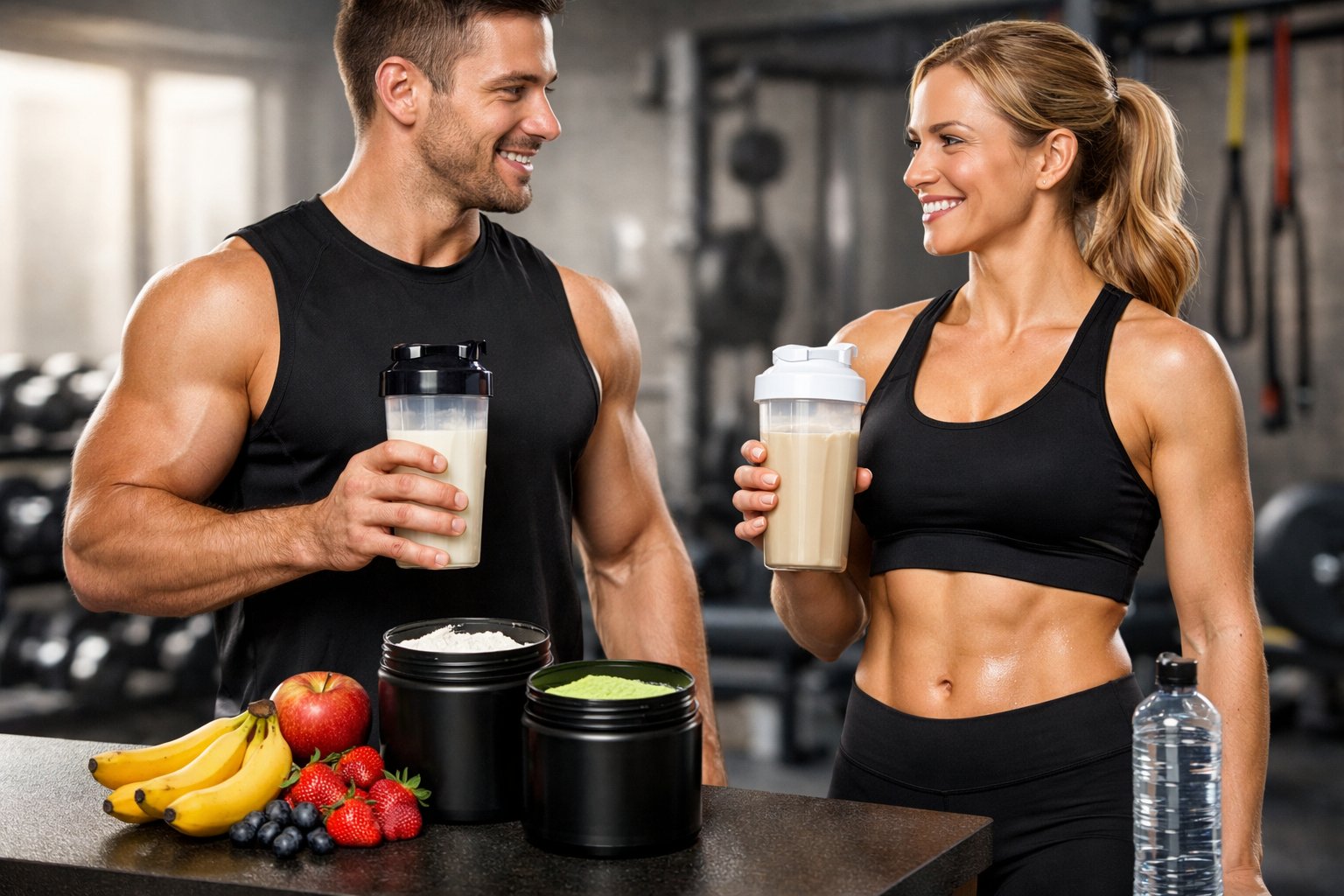 A muscular man and woman in a gym holding protein shake bottles with supplement containers and gym equipment in the background.