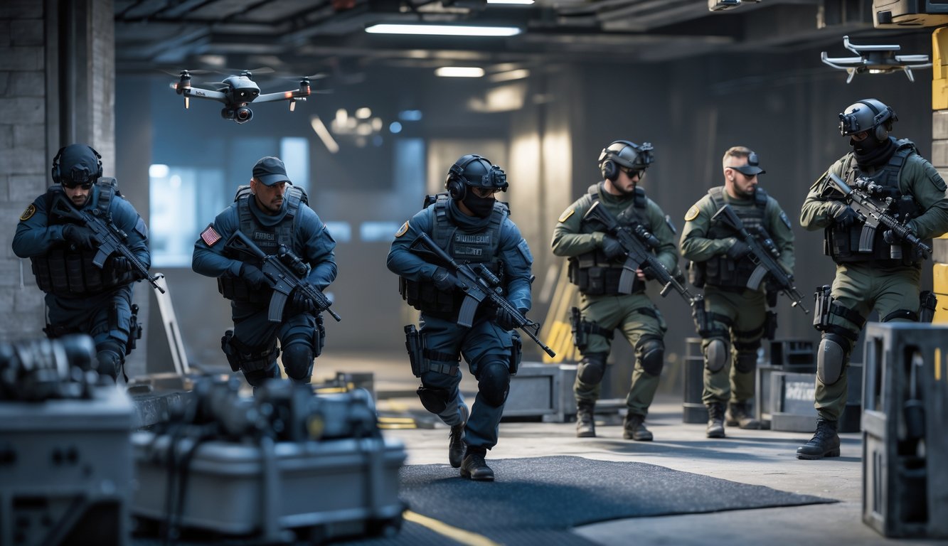 Sekelompok operator taktis dengan perlengkapan militer modern sedang berkoordinasi dalam lingkungan perkotaan yang intens.