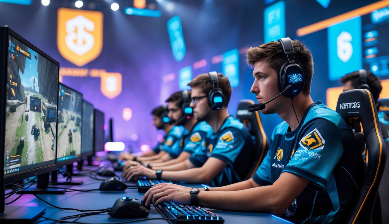 Tim pemain esports sedang fokus bermain game Rainbow Six Siege dengan komputer dan headset di arena kompetisi.