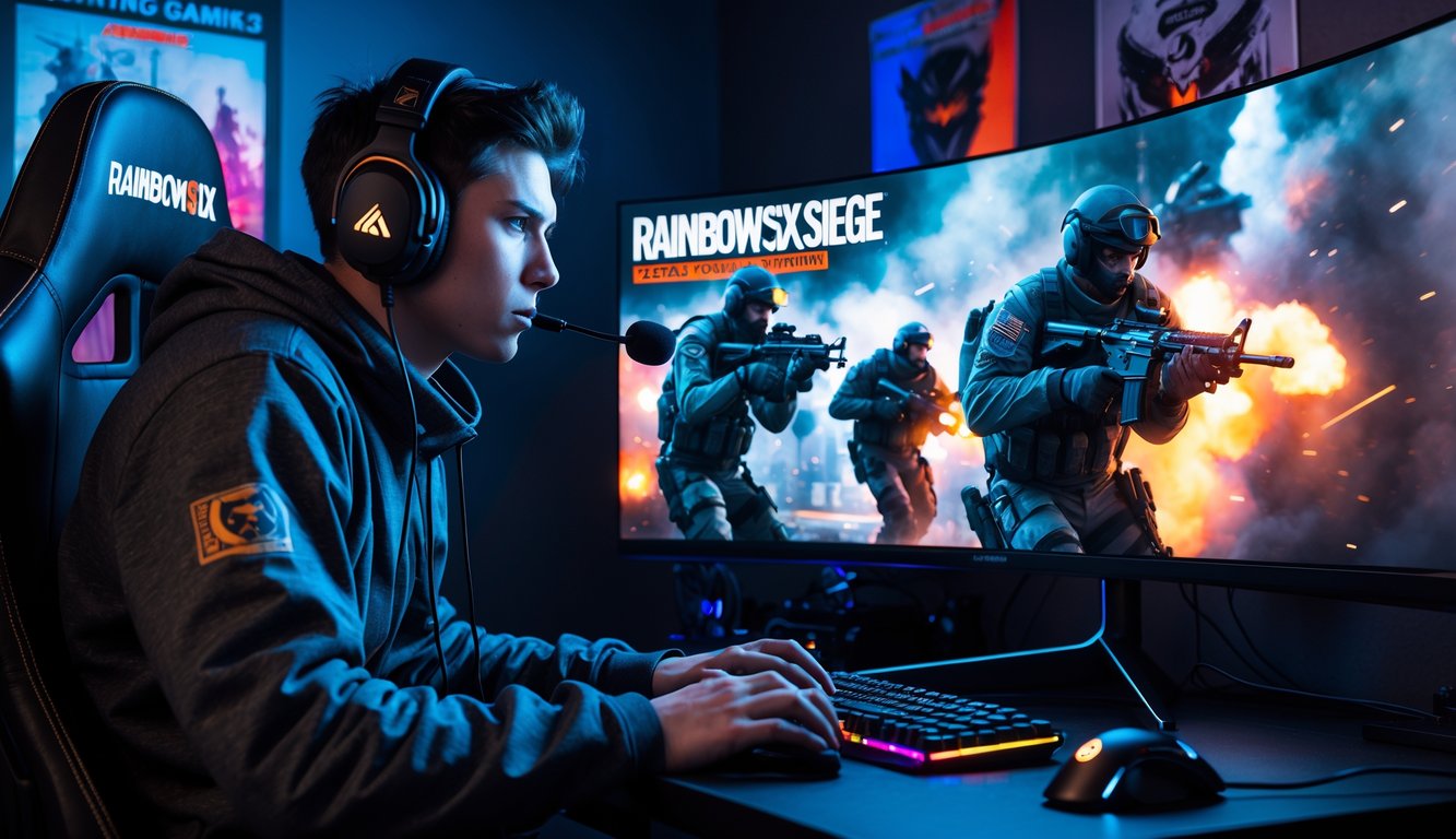 Seorang pemain game muda sedang fokus bermain Rainbow Six Siege di depan layar komputer dengan headset dan perlengkapan gaming di ruangan berlampu warna-warni.