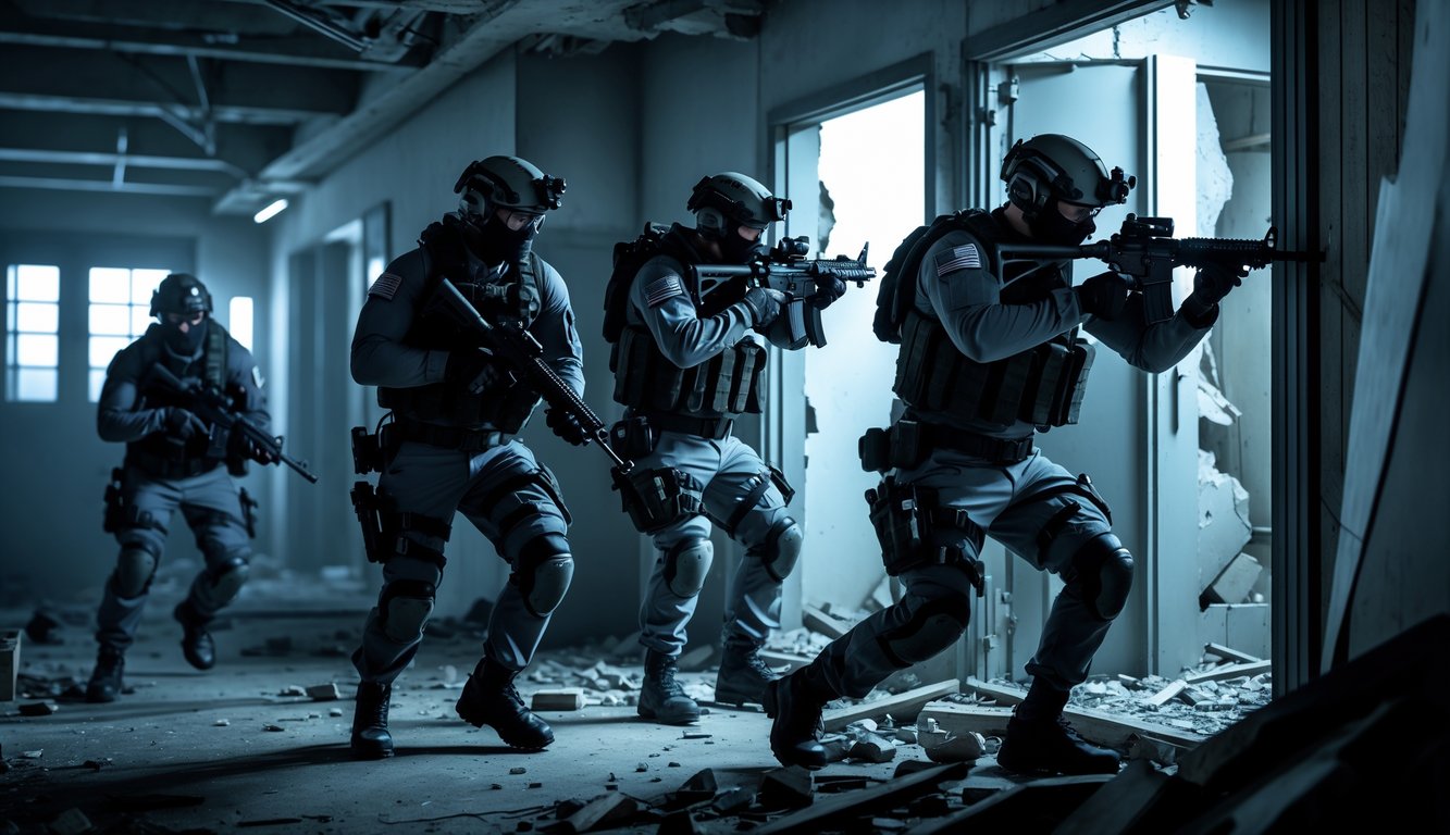 Tim elit tentara bergerak secara taktis di dalam bangunan yang rusak dengan perlengkapan militer lengkap.