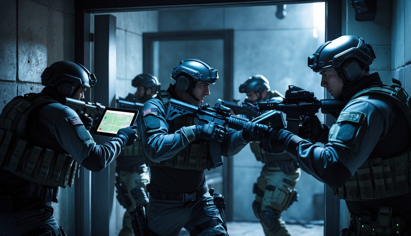 Kelompok lima operator taktis bersenjata lengkap berkoordinasi di dalam gedung perkotaan yang remang-remang, fokus pada kerja tim dan strategi.