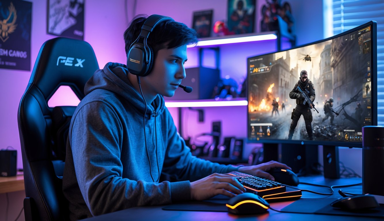 Seorang gamer muda sedang fokus bermain game tembak-menembak di depan monitor besar dengan peralatan gaming lengkap di dalam kamar yang rapi.