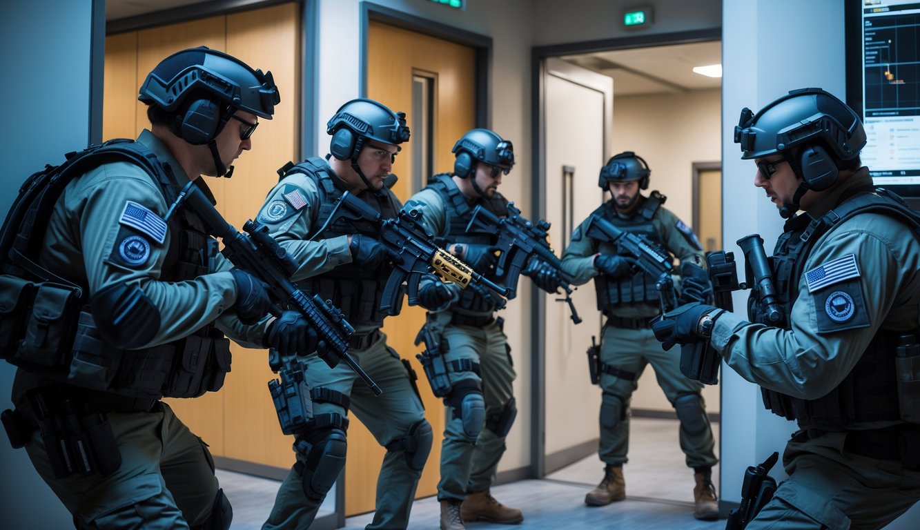 Sekelompok operator taktis berpakaian lengkap sedang bekerja sama dalam misi strategis di dalam gedung modern.