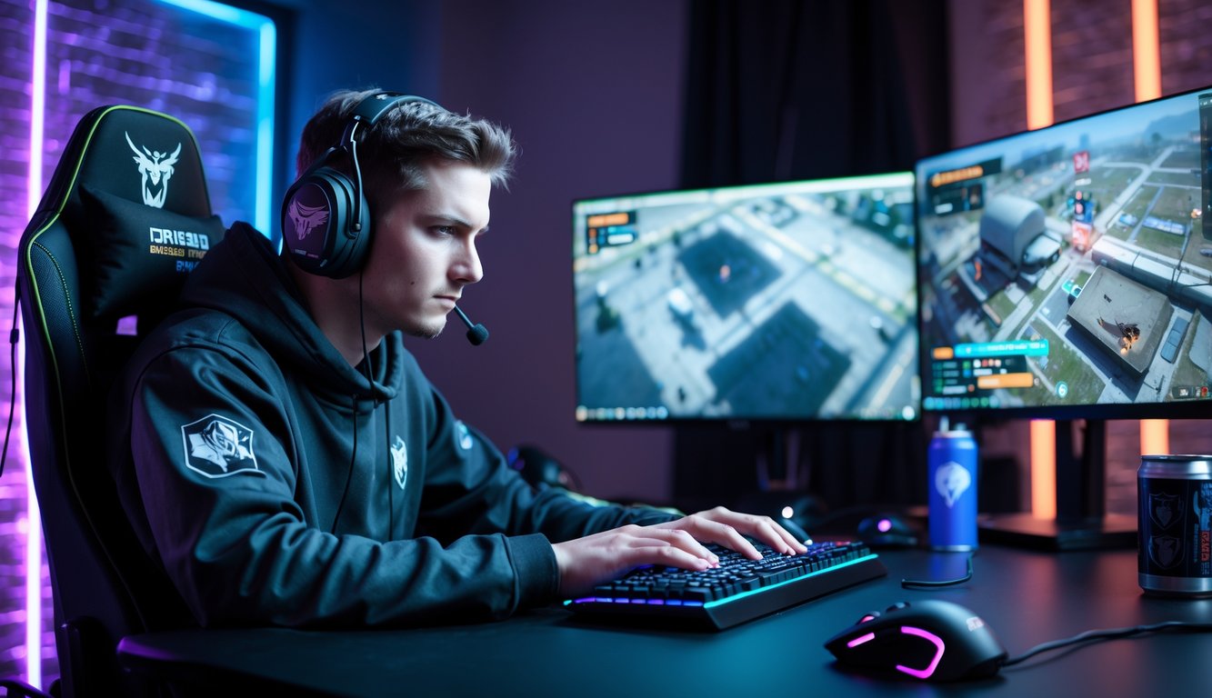 Seorang pemain game fokus di depan layar komputer dengan suasana ruangan gelap dan lampu warna-warni, sedang bermain game tembak-menembak taktis.