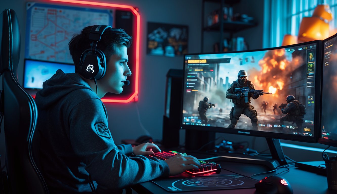 Seorang pemain esports fokus bermain game Rainbow Six Siege di depan komputer dengan setup gaming modern.