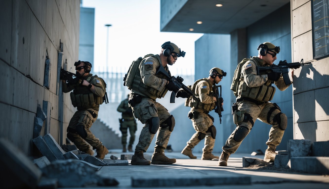 Sekelompok operator taktis dengan perlengkapan tempur lengkap sedang bekerja sama di lingkungan perkotaan modern, menunjukkan peran unik mereka dalam sebuah misi.