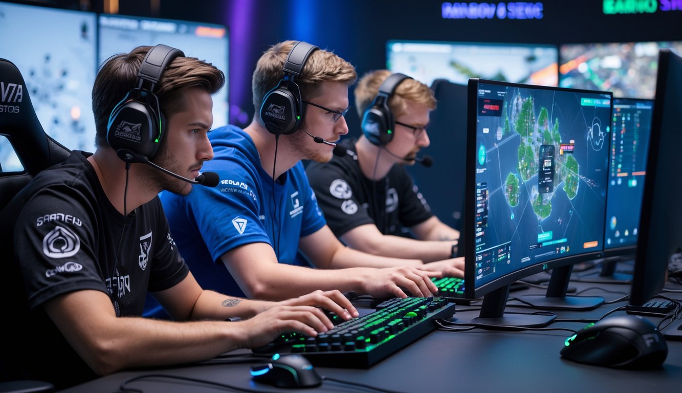 Empat pemain esports sedang fokus bermain game Rainbow Six Siege dengan peralatan gaming di studio yang modern.