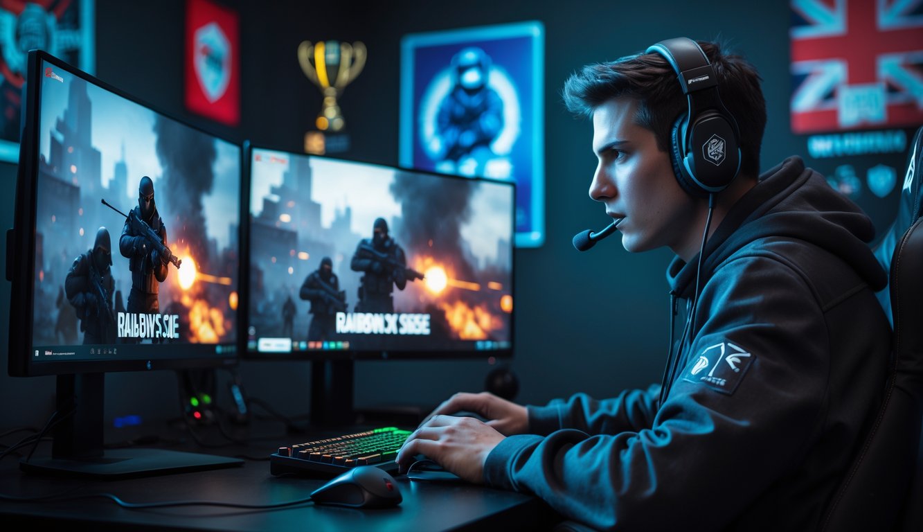 Seorang gamer muda yang fokus bermain Rainbow Six Siege di depan beberapa monitor dengan suasana ruangan gaming yang gelap dan pencahayaan warna-warni.