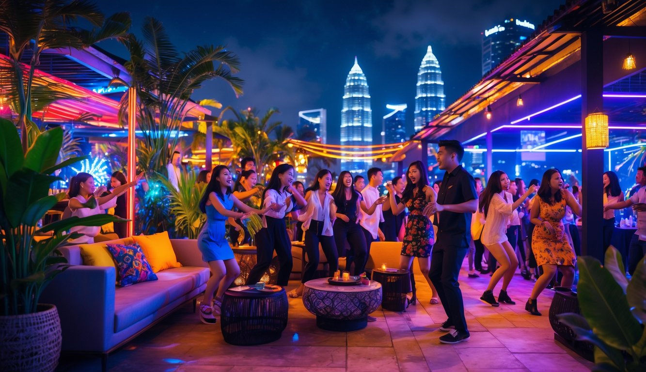 Sekelompok orang muda sedang menikmati pesta malam yang meriah di luar ruangan dengan lampu warna-warni dan dekorasi tropis di kota Indonesia.